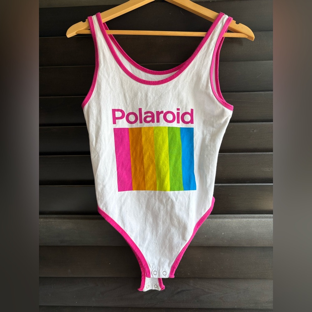 Polaroid Graphic Colorful Logo White Pink Medium Bodysuit Tank Top